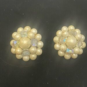 Elegant Vintage Antique 1950’s Faux Pearl and Crystal Cluster Clip On Earrings